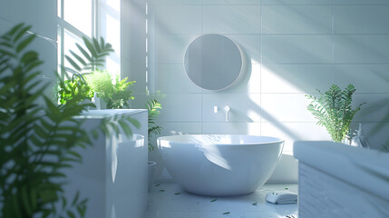 A pristine white bathroom with a unique circular mirror reflected in the sunlight, green plants, and a bathtub