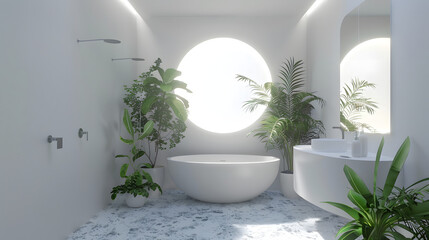A modern, chic bathroom with a large round window, ample greenery, and a white minimalist design motif