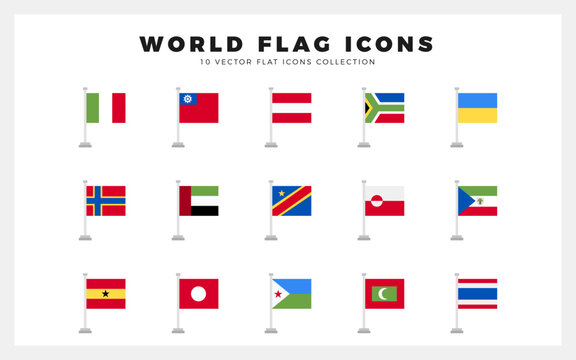 15 World Flags Pole. icons Pack. vector illustration.