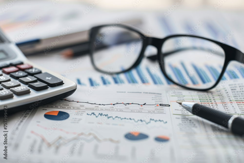 Poster a calculator, pen, and glasses are on a piece of paper with graphs. concept of analyzing data and ma