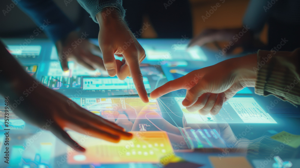 Poster a group of people are pointing at a computer screen with a green and blue background. the people are