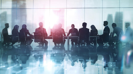A group of people are sitting around a table in a conference room. The room is filled with chairs and a large table. The people are dressed in business attire and appear to be engaged in a meeting - obrazy, fototapety, plakaty