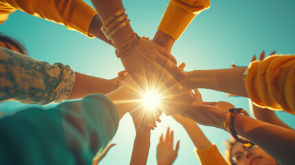 People are standing in a circle, reaching towards the center to stack their hands together in a gesture of teamwork and unity. - obrazy, fototapety, plakaty
