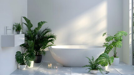 A white bathroom with natural green plants and candlelight creating a peaceful and tranquil atmosphere