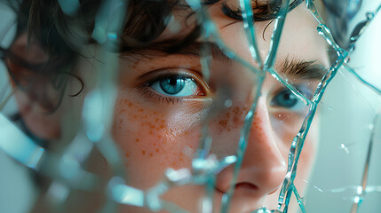 Teenager's reflection in a shattered mirror, Mental health and personality disorders concept