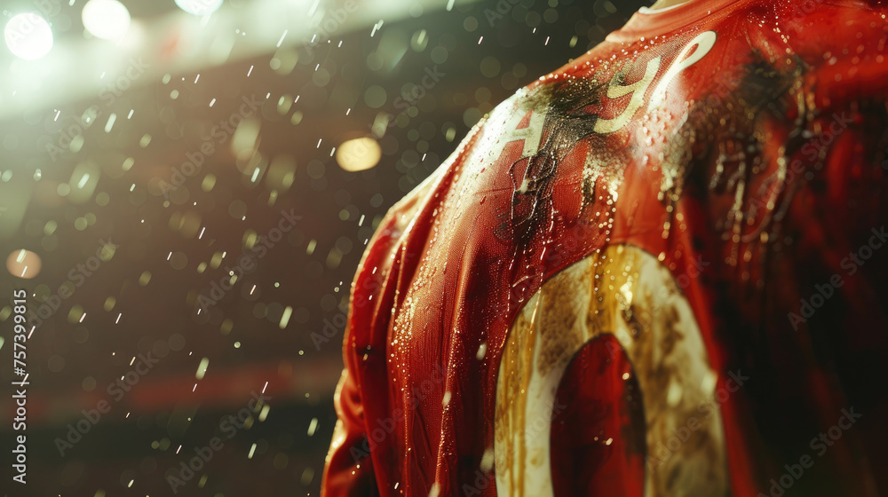Poster a man in a red jersey with the number 10 on it is wet from the rain. the image has a moody and drama