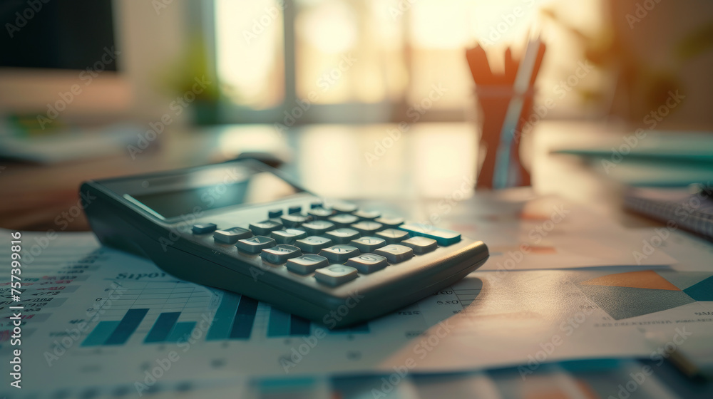 Poster a calculator sits on a table with a few other items, including a pen and a stack of papers. the scen