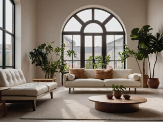 Minimalist home interior design showcased by a white sofa, potted houseplants, arched window, and beige wall in a modern living room.