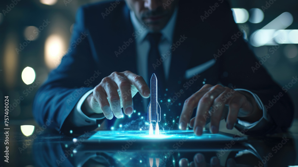 Aufkleber man's hands interacting with a futuristic holographic display, projecting a rocket launch