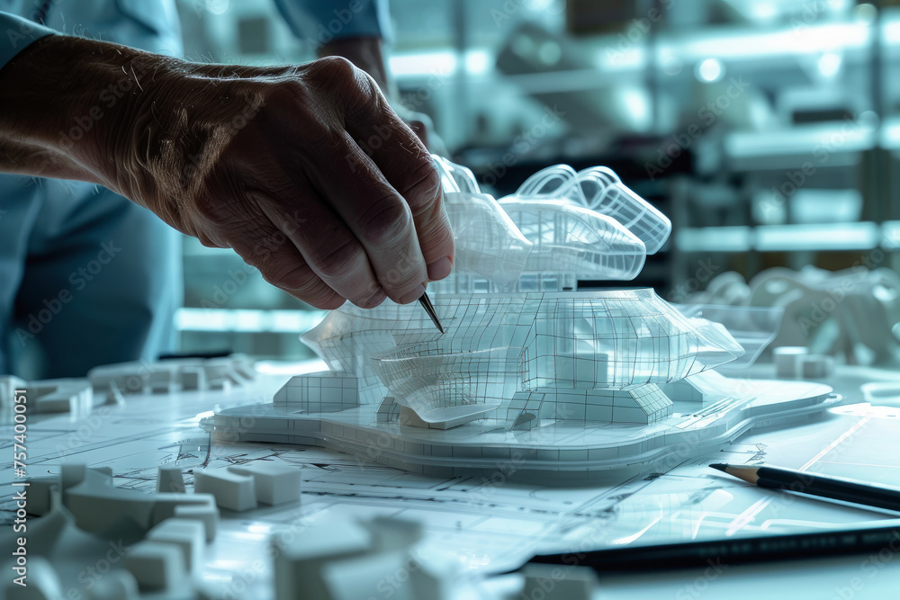Poster a man is drawing a model of a building with a pencil. concept of creativity and precision, as the ma