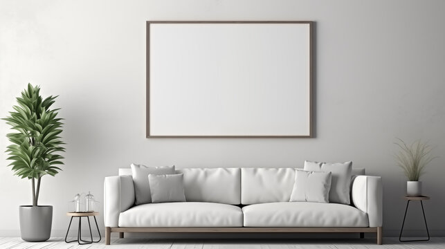 a white couch with a picture frame on the wall