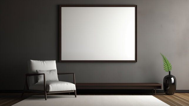 a chair next to a large picture frame