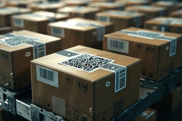 A stack of brown boxes with barcodes and stickers on them. The boxes are on a conveyor belt