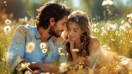 a romantic couple in love sits in an embrace on a spring meadow with flowers