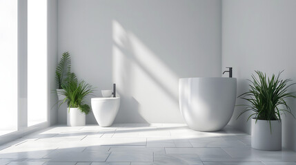 Fototapeta na wymiar A modern bathroom featuring a freestanding bathtub and natural light casting shadows on a white floor