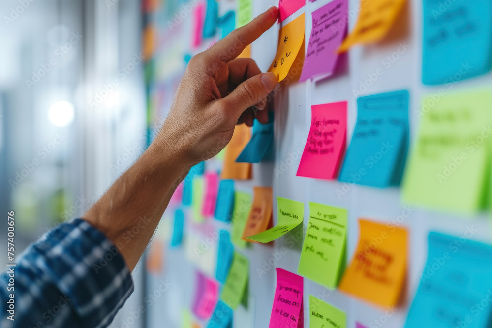 Poster a hand is pointing at a wall covered in colorful sticky notes. the notes are arranged in a grid, wit