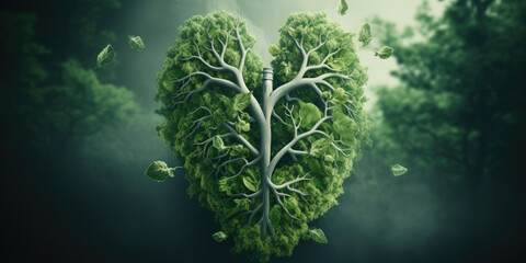 Green heart from branches of green trees against the backdrop of the beautiful nature of the forest. The concept of preserving the ecology of the planet, the environment, cleanliness. - obrazy, fototapety, plakaty