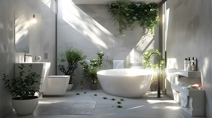 A luxurious, modern bathroom filled with various plants and natural light, creating a relaxing oasis - obrazy, fototapety, plakaty