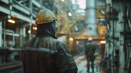 An industrial worker wearing a hard hat and reflective jacket gazes out over the machinery of a busy, dimly lit factory floor. - obrazy, fototapety, plakaty
