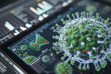 A computer screen shows a green virus with red dots. The image is of a computer monitor displaying a virus - Powered by Adobe