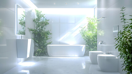 Sleek and futuristic, this white bathroom with lush greenery offers a high-tech cleansing experience amidst a minimalist setting