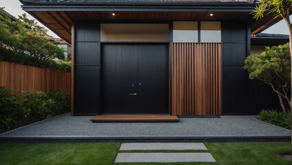 Minimalist main entrance door with black panel walls, timber wood lining, and a beautifully landscaped backyard, showcasing the exterior of a villa in Japanese style. - obrazy, fototapety, plakaty