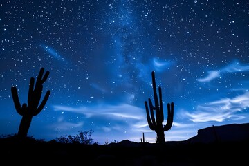 Starry Night over Joshua Tree: Milky Way brilliance meets cactus silhouettes in a captivating wide-angle spectacle. - obrazy, fototapety, plakaty