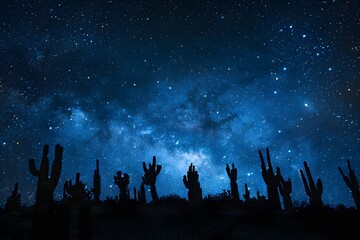 Fototapeta premium Starry Night over Joshua Tree: Desert Silhouettes under a Celestial Spectacle in California.