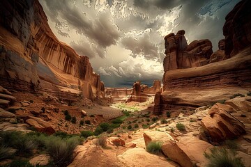 Wide Angle View of Arches National Park: Majestic Canyons, Towering Formations, and Green Shrubs under a Cloudy Sky. - obrazy, fototapety, plakaty