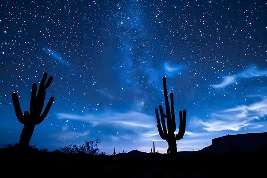 Starry Night over Joshua Tree: Milky Way brilliance meets cactus silhouettes in a captivating wide-angle spectacle.