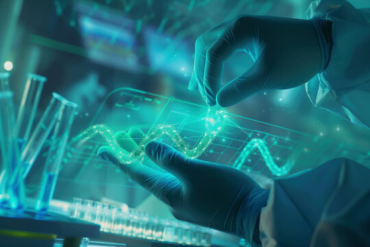 A person is holding a DNA strand in their gloved hand. Concept of scientific discovery and exploration, as the person is likely a scientist or researcher studying the structure and function of DNA