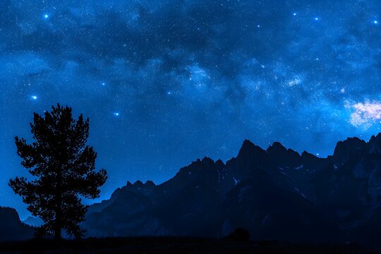Starry Night Over Rockies: Milky Way Galaxy Shines Above, Mountain and Tree Silhouettes Against Dark Blue Sky.