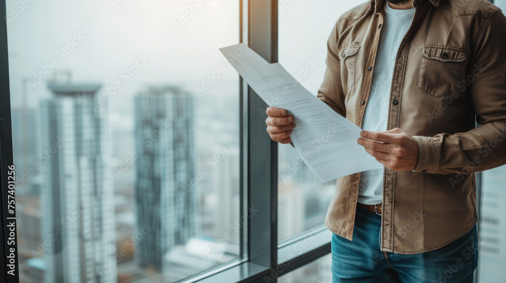 Poster a man is reading a piece of paper in front of a city skyline. concept of focus and concentration as 