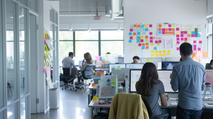 A group of people are working in an office with a colorful wall of sticky notes. Scene is collaborative and creative, as the sticky notes suggest that the team is brainstorming and sharing ideas