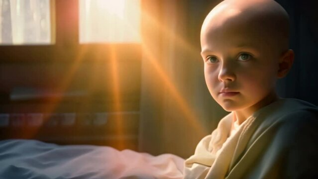 A hairless boy has cancer and is being treated with chemotherapy. Little boy with no hair suffers from cancer-causing weakness in hospital	
