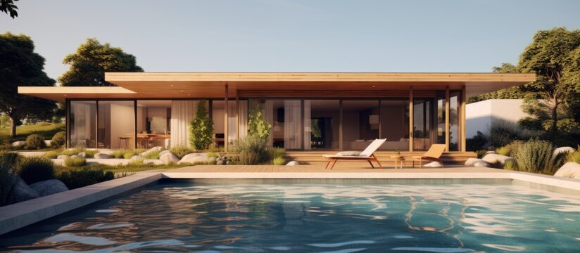 illustration of a modern wooden house with natural views and a swimming pool in front of the house