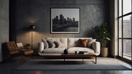 Minimalist, loft-inspired urban home interior design featuring a rustic cabinet, white tufted sofa, and art poster against a concrete wall in the living room.