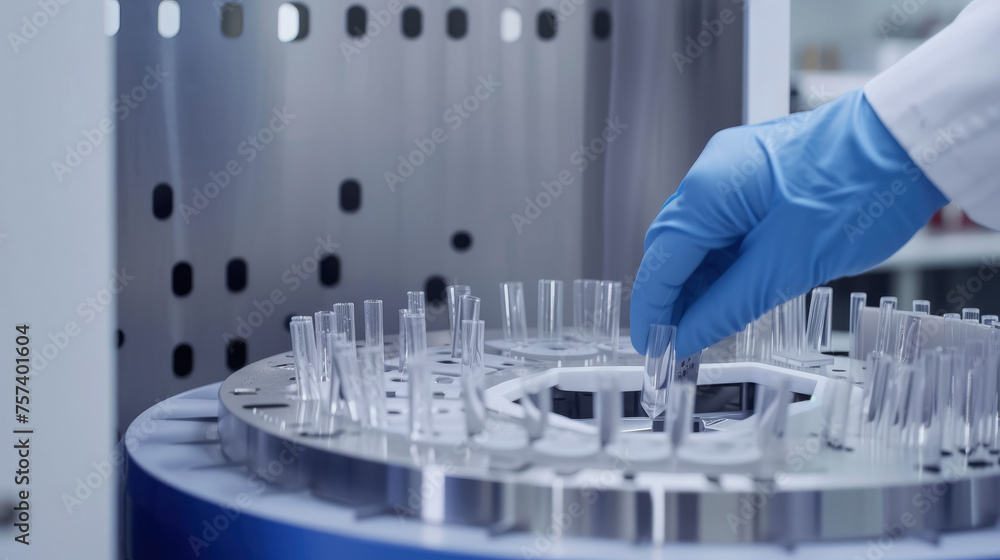 Poster a scientist is wearing gloves and is reaching into a machine with many tubes. the machine is likely 