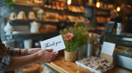 A woman is holding a thank you card in front of a bakery. The card is white and has a black message...