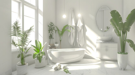 This bathroom boasts a spacious sunlit interior with natural elements like plants for a serene and organic feel