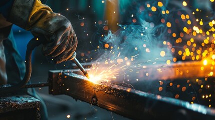 Welder hands with machine working in industry wearing gloves welding metal with flame.