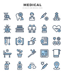 MEDICAL Icons Pack. Two Color icons set. Two Color icon collection set. Simple vector icons.
