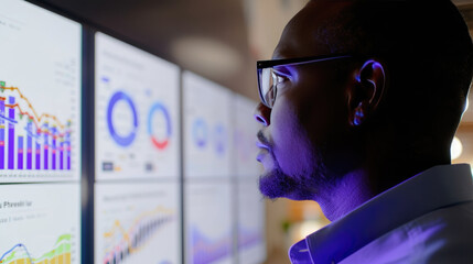 A man is looking at a computer screen with multiple graphs and charts. He is focused and attentive, possibly analyzing the data or making a decision based on the information displayed