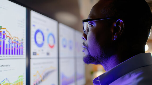 A man is looking at a computer screen with multiple graphs and charts. He is focused and attentive, possibly analyzing the data or making a decision based on the information displayed