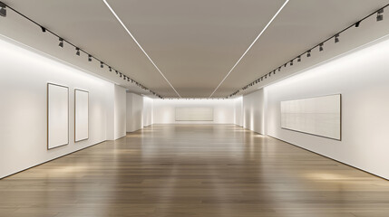 Modern minimalist art gallery interior, clean white space with empty picture frames, template for interior design