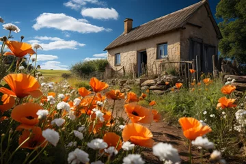 Fotobehang House embraced by a field of vibrant flowers under a clear sky © JackDong