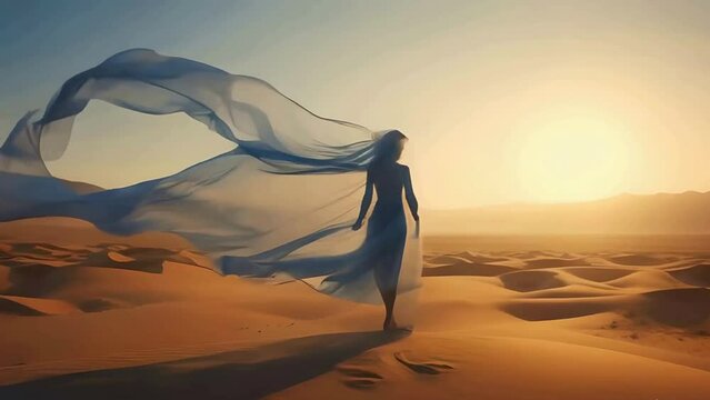 A blue thin bed sheet made of light silk vertically floating around in the air in a desert, a mysterious fairy female is dancing behind the sheet. golden hour