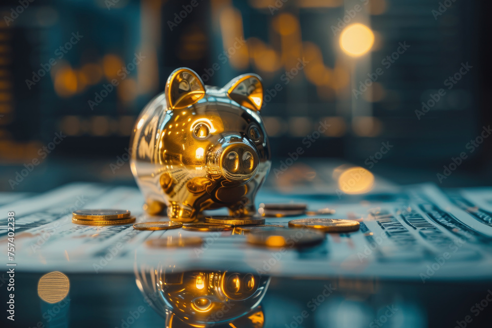 Poster a gold coin with a pig on it sits on top of a pile of coins. the coins are arranged in a way that th