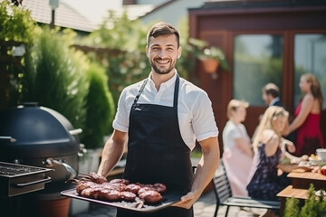 Barbecue with friends in the garden. Young Caucasian man in apron smiles holding a tray of meat in front of the BBQ in the garden of his house. - obrazy, fototapety, plakaty