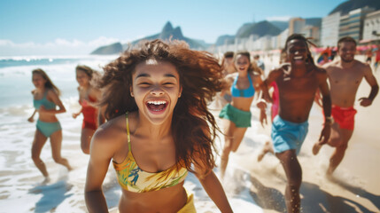 Cheerfully laughing young woman dressed summer bikini while she running with teenagers friends by wide latin american country city beach. Active People, friends relations and summer vacation concept - Powered by Adobe